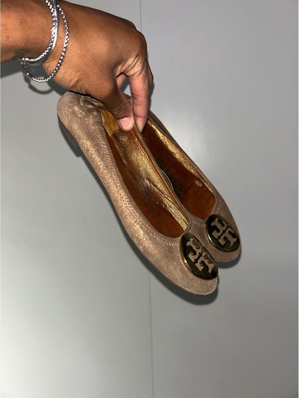 Tory Burch Metallic Gold Ballet Flats with Logo Emblem
